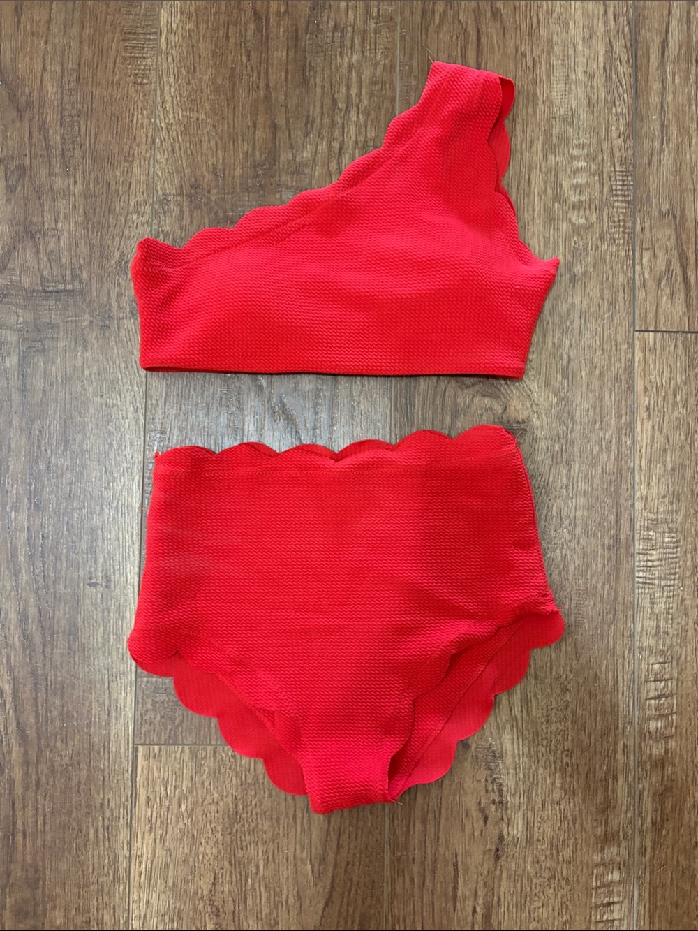 Red One-Shoulder Scalloped Bikini Set